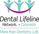 The image is a logo for Dental Lifeline Network, which appears to be a dental organization or network. It features a stylized graphic of two smiling faces with outlines of hands on either side, and the text includes the name of the organization and its tagline More than just dentistry.